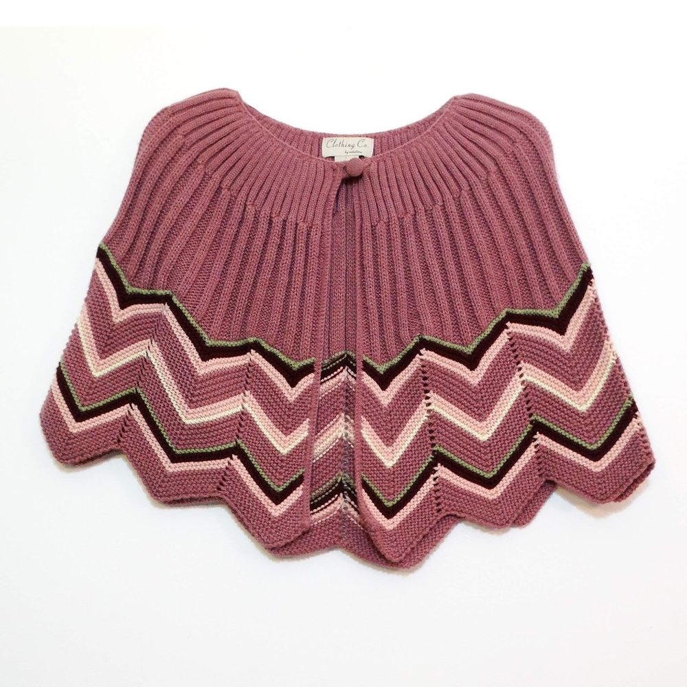 Vintage Pink Acrylic Knit Chevron Pattern Cape, One-Size Pullover Poncho